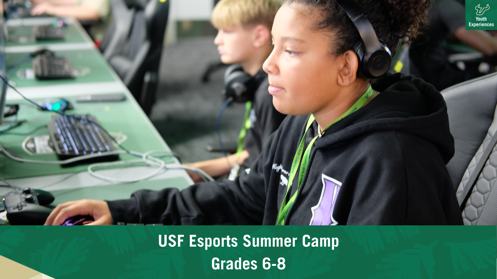 USF Esports Camp with text stating "USF Esports summer camp grades 6-8"