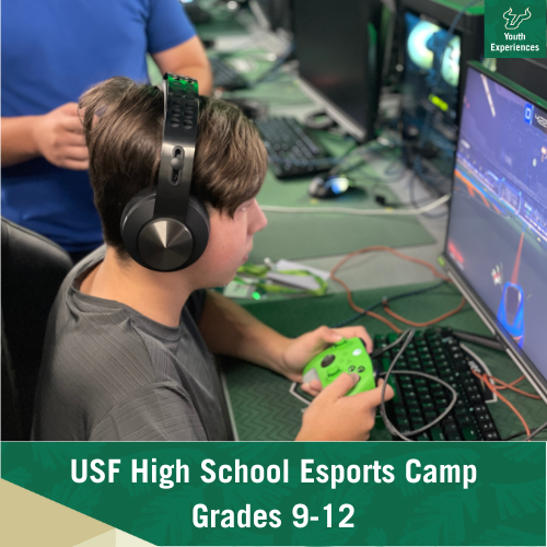 USF High School Esports with text stating "USF High School Esports Grades 9-12"