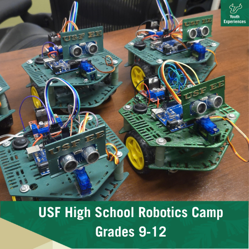 USF High School Robotics Camp with text stating "USF High School Robotics Grades 9-12"