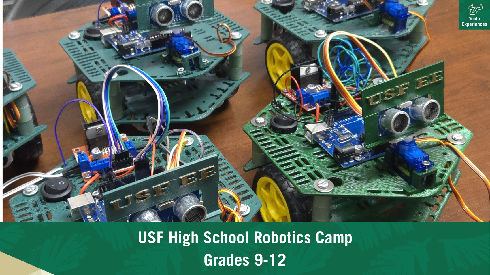 USF High School Robotics Camp with text stating "USF High School Robotics Camp Grades 9-12"