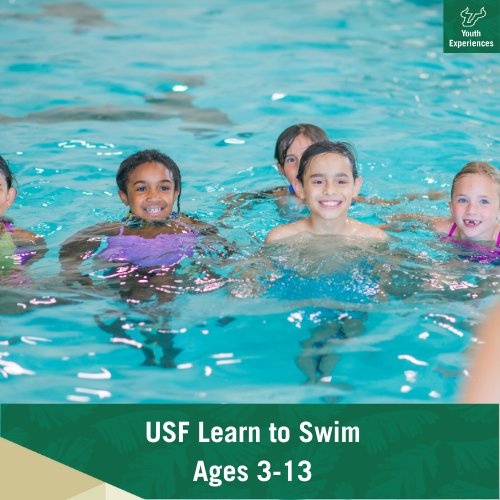 USF Learn to Swim with text stating "USF Learn to Swim Ages 3-13"