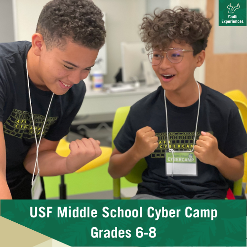 USF Middle School Cyber Camp with text stating "USF Middle School Cyber Camp Grades 6-8"