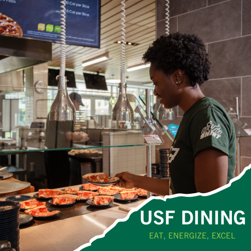 USF Dining with text stating "USF Dining Eat, Energize,Excel"