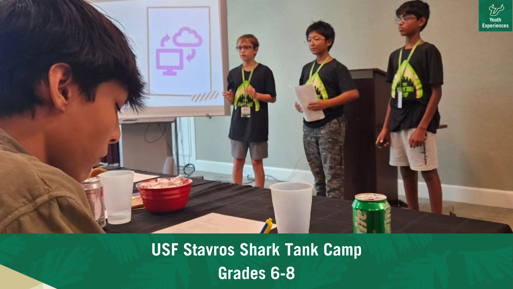 USF Stavros Shark Tank Camp with text stating "USF Stavros Shark Tank Camp Grades 6-8"