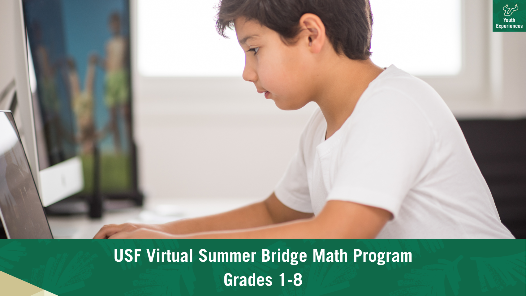 USF Virtual Summer Bridge Math Program with text stating "USF Summer Bridge Math Program Grades 1-8"