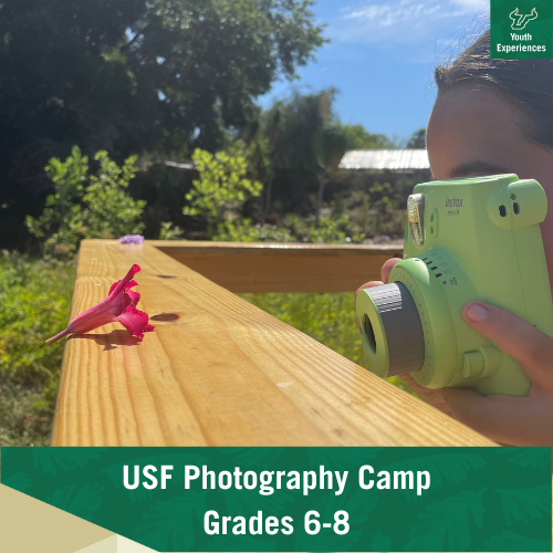 USF Photography Summer Camp with text that states "USF Photography Camp Grades 6-8"