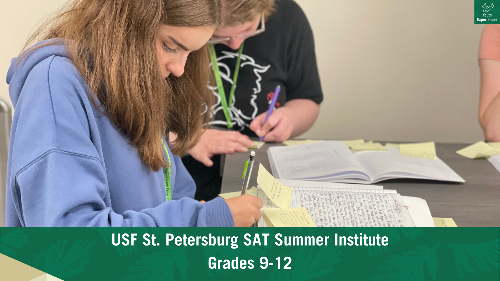 USF St. Petersburg SAT Summer Institute with text stating "USF St. Petersburg SAT Summer Institute Grades 9-12"