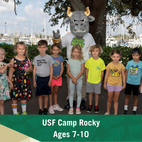 USF Camp Rocky with text stating "USF Camp Rocky Ages 7-10"