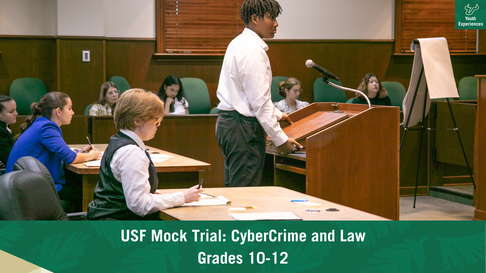 USF Mock Trial: CyberCrime and Law with text stating USF Mock Trial: CyberCrime and Law Grades 10-12"