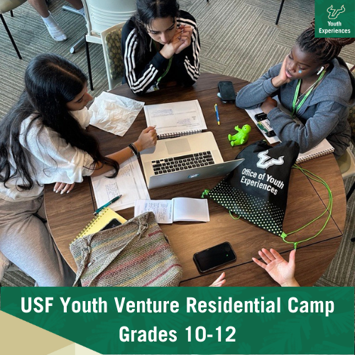 Campers at USF Youth Venture with text stating "USF Youth Venture Residential Camp Grades 10-12"