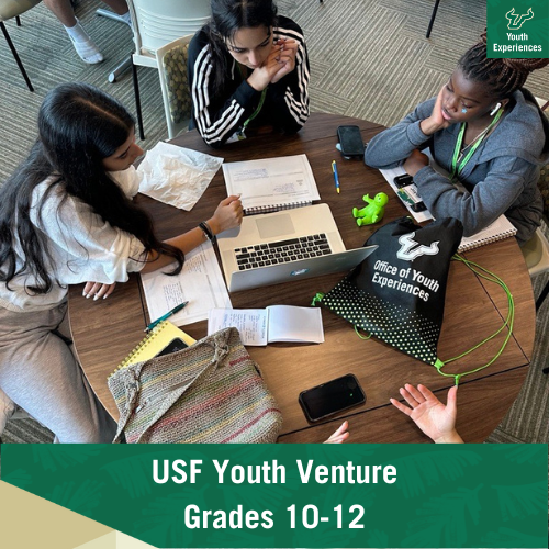 USF Youth Venture with text stating "USF Youth Venture Residential Camp Grades 10-12"