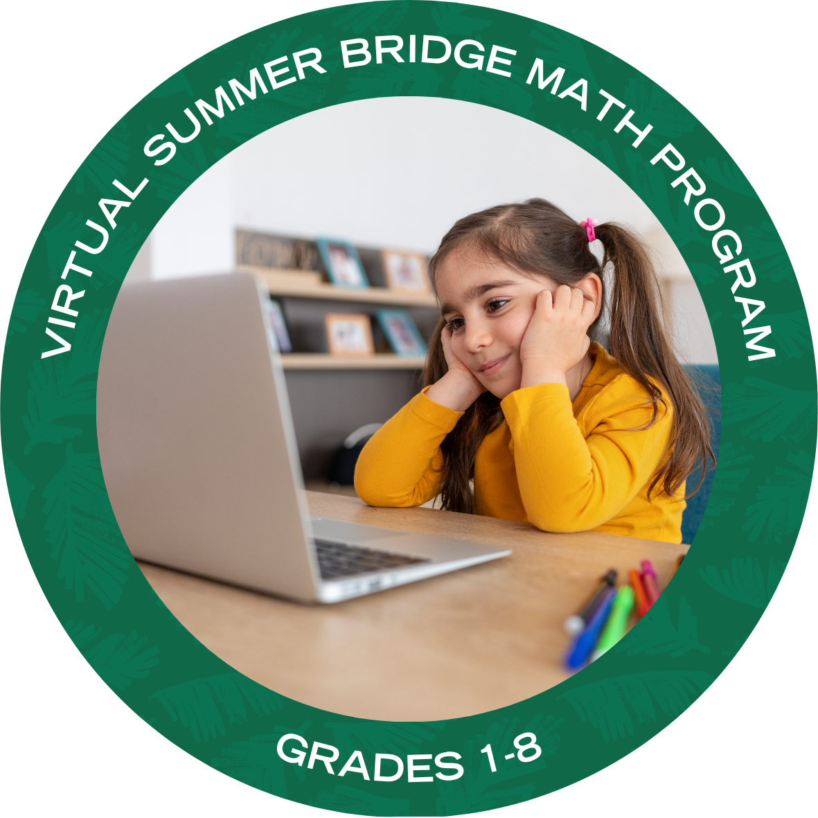 Virtual Summer Bridge Math Program with text stating "Virtual Summer Bridge Math Program Grades 1-8"