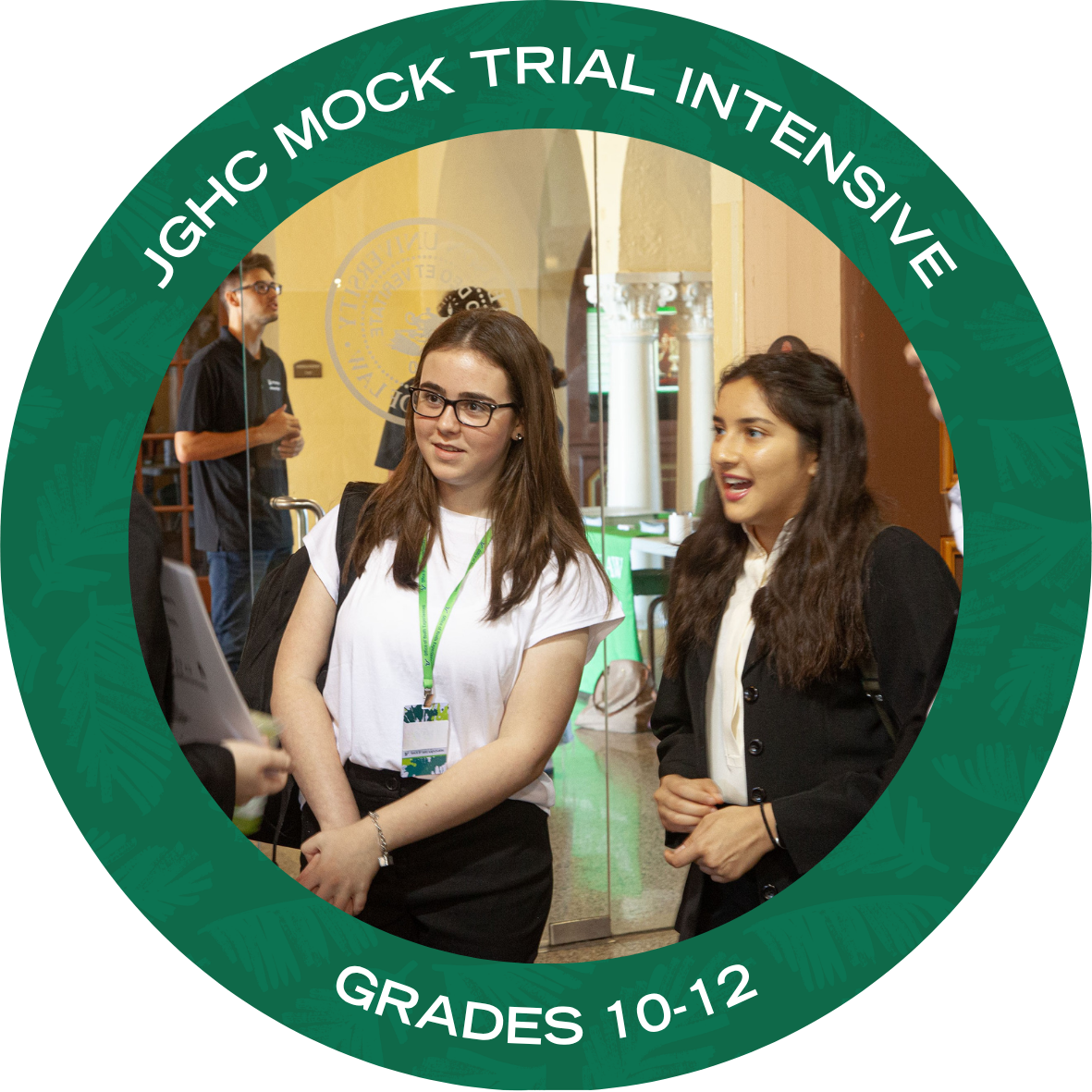 JGHC Mock Trial Intensive with text stating "JGHC Mock Trial Intensive Grades 10-12"