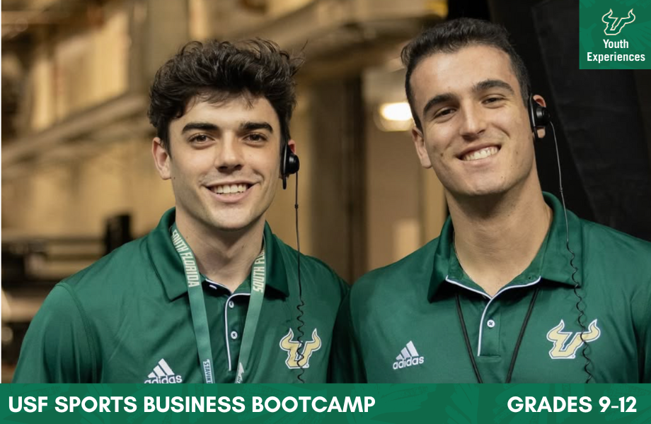 USF Sports Business Bootcamp with text stating "USF Sports Business Bootcamp Grades 9-12"