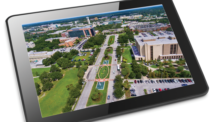 Aerial view of USF campus on a tablet