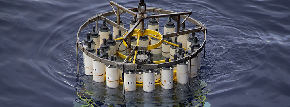 A conductivity, temperature, and depth (CTD) rosette used to sample water from the ocean’s twilight zone during a GEOTRACES expedition in the Pacific Ocean. Credit: Alex Fox.