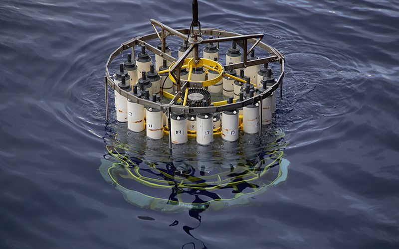 A conductivity, temperature, and depth (CTD) rosette used to sample water from the ocean’s twilight zone during a GEOTRACES expedition in the Pacific Ocean. Credit: Alex Fox.