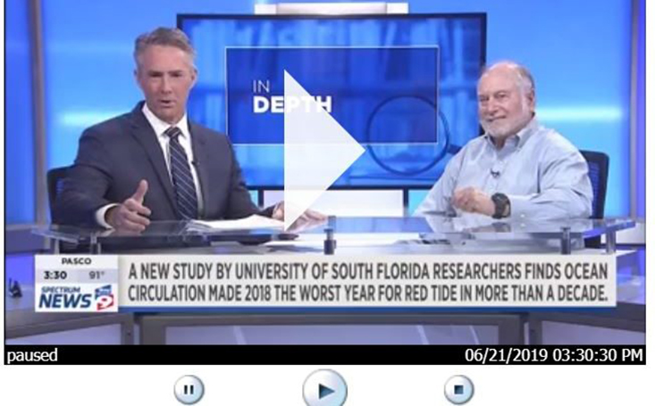 Rick Elmhorst of Bay News 9 (left) sits down with Dr. Robert Weisberg of USF College of Marine Science (right) to discuss red tide. Photo Credit: Bay News 9. 