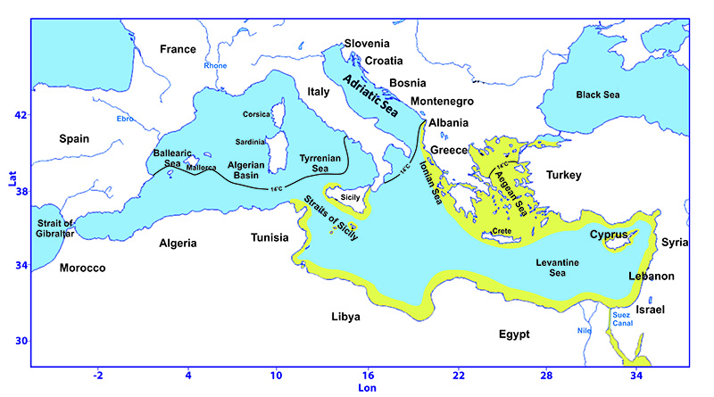 The coastal areas of the Mediterranean Sea shown in yellow indicating regions where A. lobifera can live abundantly if water quality is suitable. Credit Olga Koukousioura.