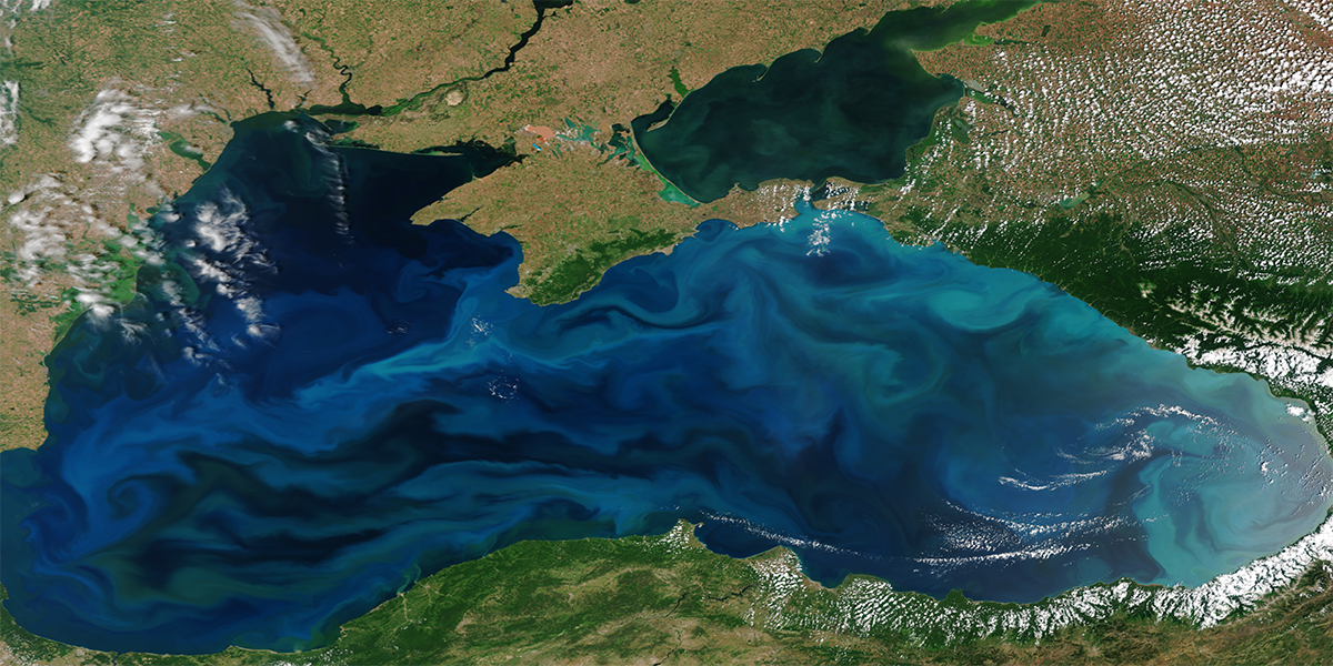 Coccolithophore (milky blue) and diatoms (dark green) blooms in the Black Sea between southeastern Europe and western Asia at various times of year. Photo credit: OLCI on the Sentinel-3B satellite.