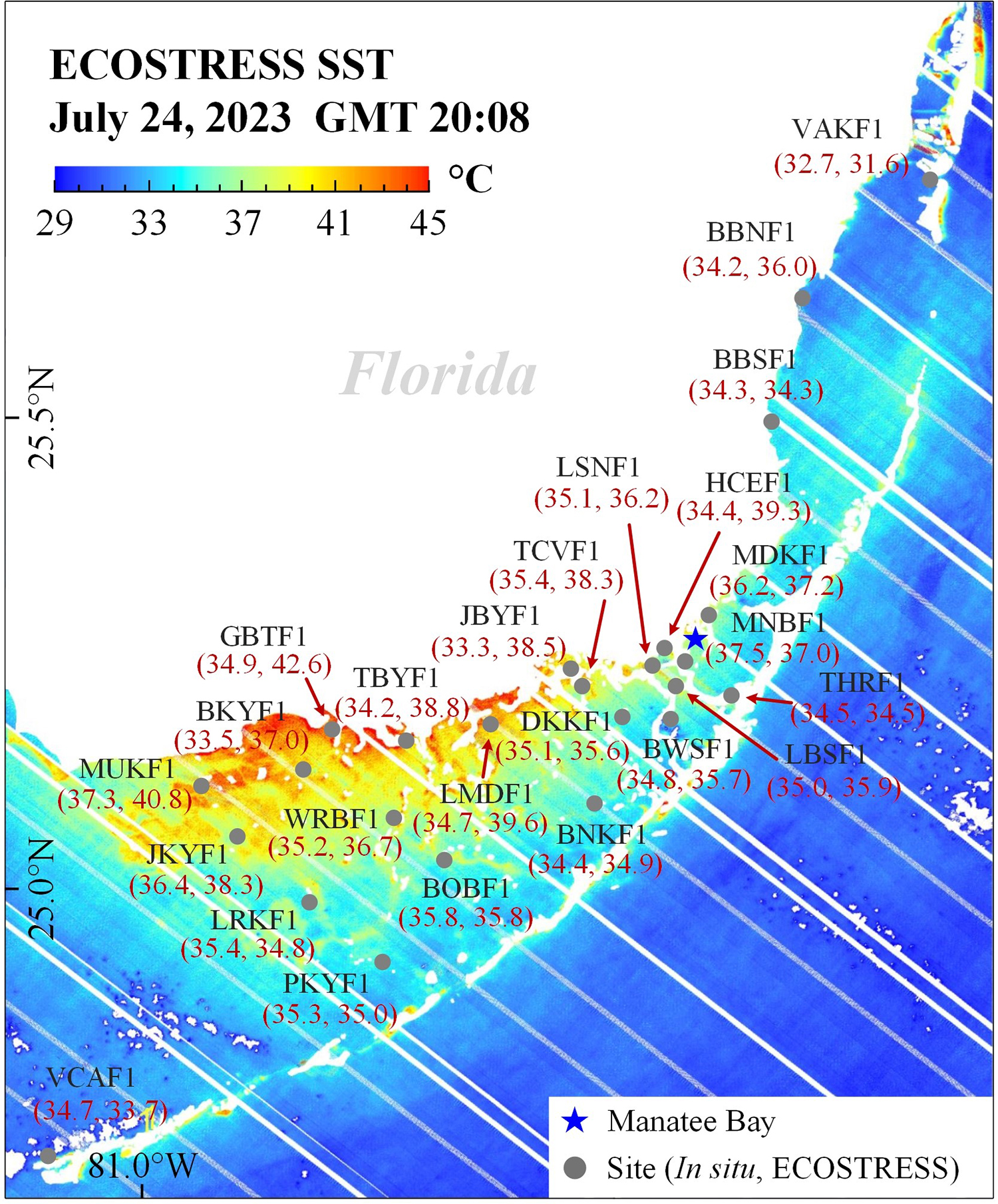 This high-resolution image from the ECOSTRESS dataset depicts sea surface temperatures around the Florida Keys in response to the 2023 marine heat wave. Courtesy of Jing Shi.