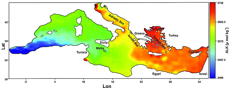 This figure shows alkalinity in the Mediterranean. Note the high alkalinity in surface waters in the eastern basin. Credit Olga Koukousioura.