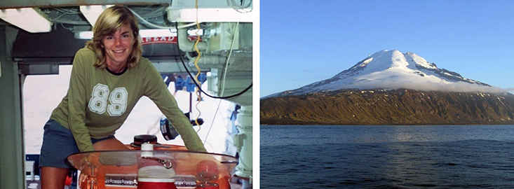 Kristen standing on the Alvin submersible while docked aboard its transporting research vessel (left) and an approaching view of Jan Mayen, the world’s northernmost active volcano (right).