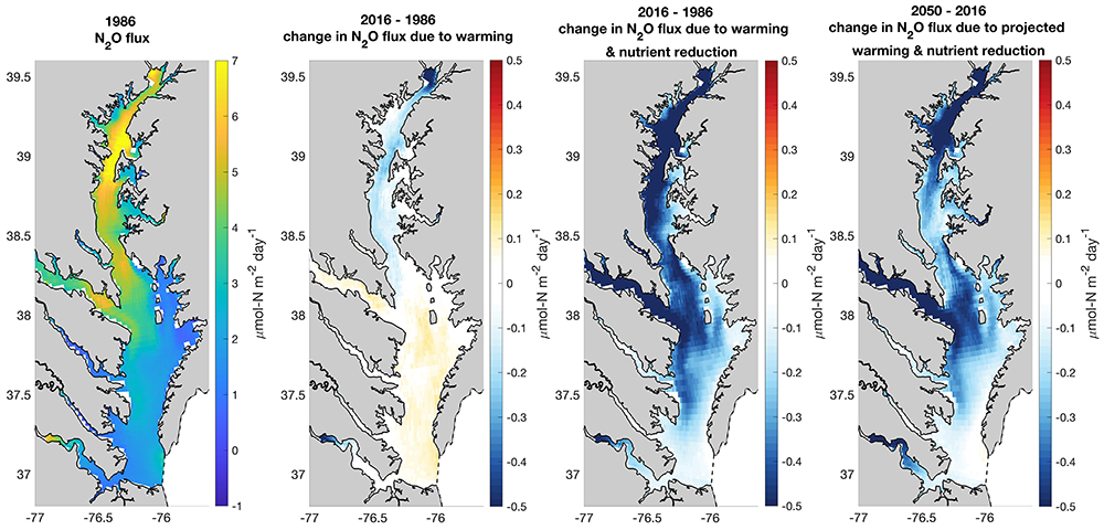 Model-predicted N2O emissions in Chesapeake Bay under warming and nutrient management. Courtesy of Weiyi Tang.