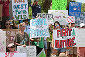 This photo from August shows people gathered at the entrance to Honeymoon Island State Park in Dunedin to speak and demonstrate against the "Great Outdoors Initiative" proposal to add golf courses, hotels, pickleball courts, and other developments to nine Florida state parks. [ DOUGLAS R. CLIFFORD | Tampa Bay Times ]