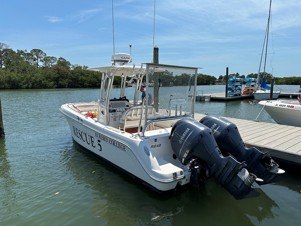 Rescue 5, one of Eckerd College Search and Rescue (EC-SAR)’s vessels which is outfitted with a data logger for Crowd the Bay. Photo credit: Matthew Hommeyer/Center for Ocean Mapping and Innovative Technologies.