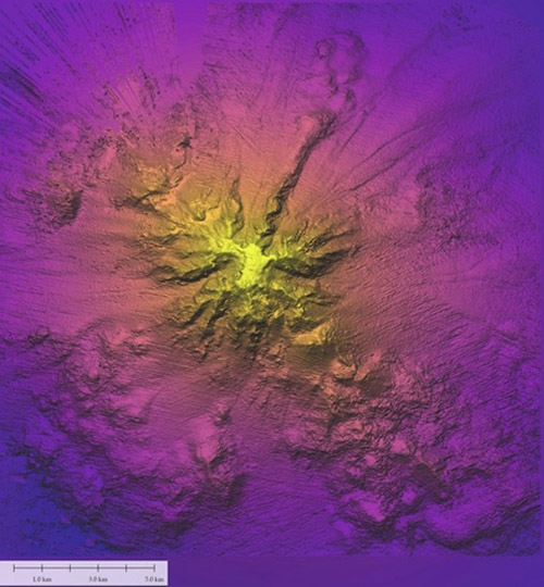 The seamount discovered on the latest expedition co-led by Virmani. The seamount covers an area of about 70 sq km and rises about 2 miles above the surrounding seafloor. Credit: Schmidt Ocean Institute.