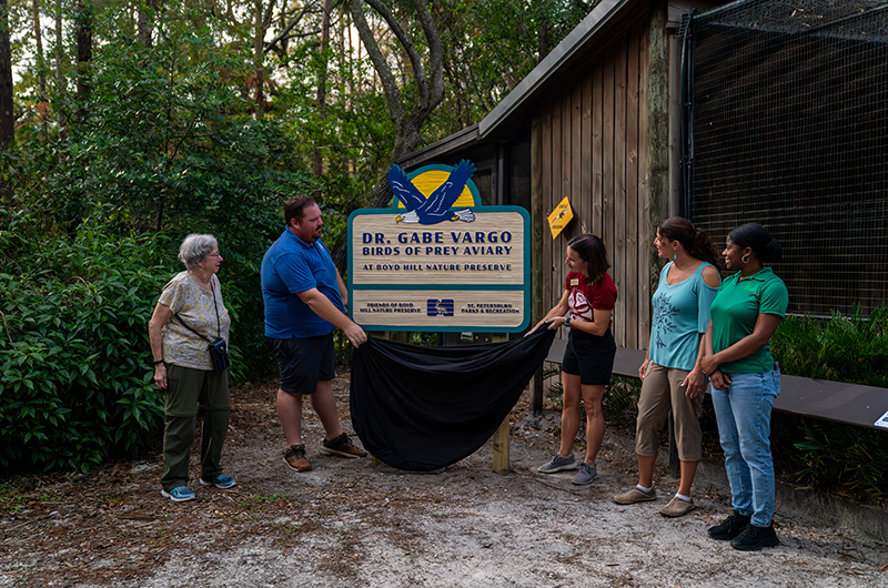 The Boyd Hill Birds of Prey Aviary was renamed to honor former CMS professor Gabe Vargo who played an integral part in developing the aviary. Photo credit: FOBH/Katie Bryden