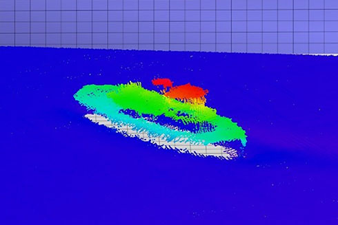 The first shipwreck found in April 2019 by the C-SCAMP team, this ship is about 35m long, 9m wide, and 10.5m tall from the seafloor. This 3-D view indicates depth using color - red is shallowest, and blue is deepest.