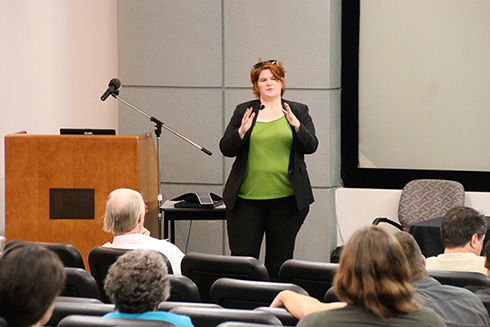 Tina van De Flierdt, Ph.D., speaks to the crowd during her seminar on past, and future, global warming events.