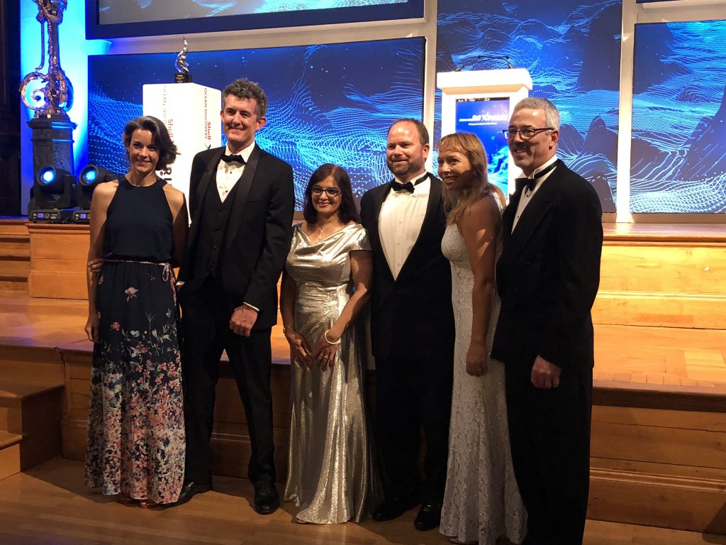 USF CMS represented at the Shell Ocean Discovery XPRIZE awards ceremony. From left to right: Aida Alvera Azcarate, Drew Remsen, Jyotika Virmani, Jay Law, Chris Kellogg, and David Mearns.