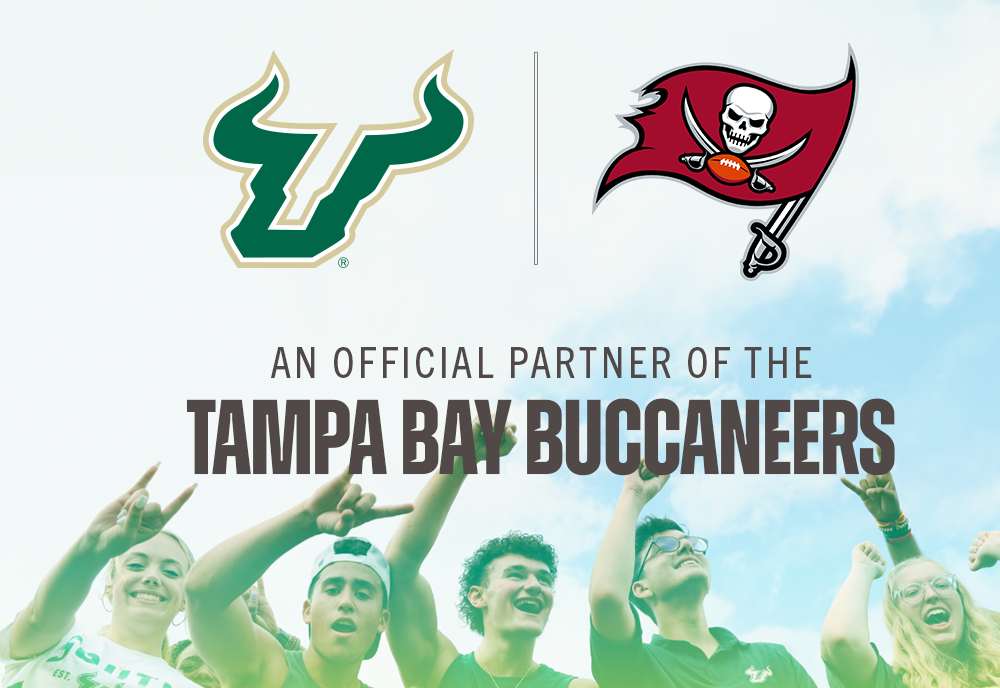 Graphic with the Bucs flag and USF logo that says "an official partner of the Tampa Bay Buccaneers"