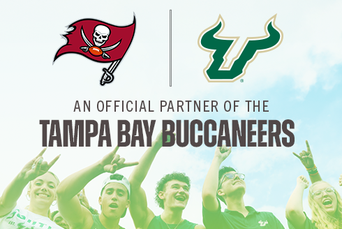 Graphic with the Bucs flag and USF logo that says 