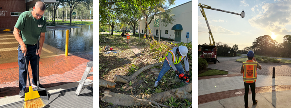 Three photos depict people cleaning up campus