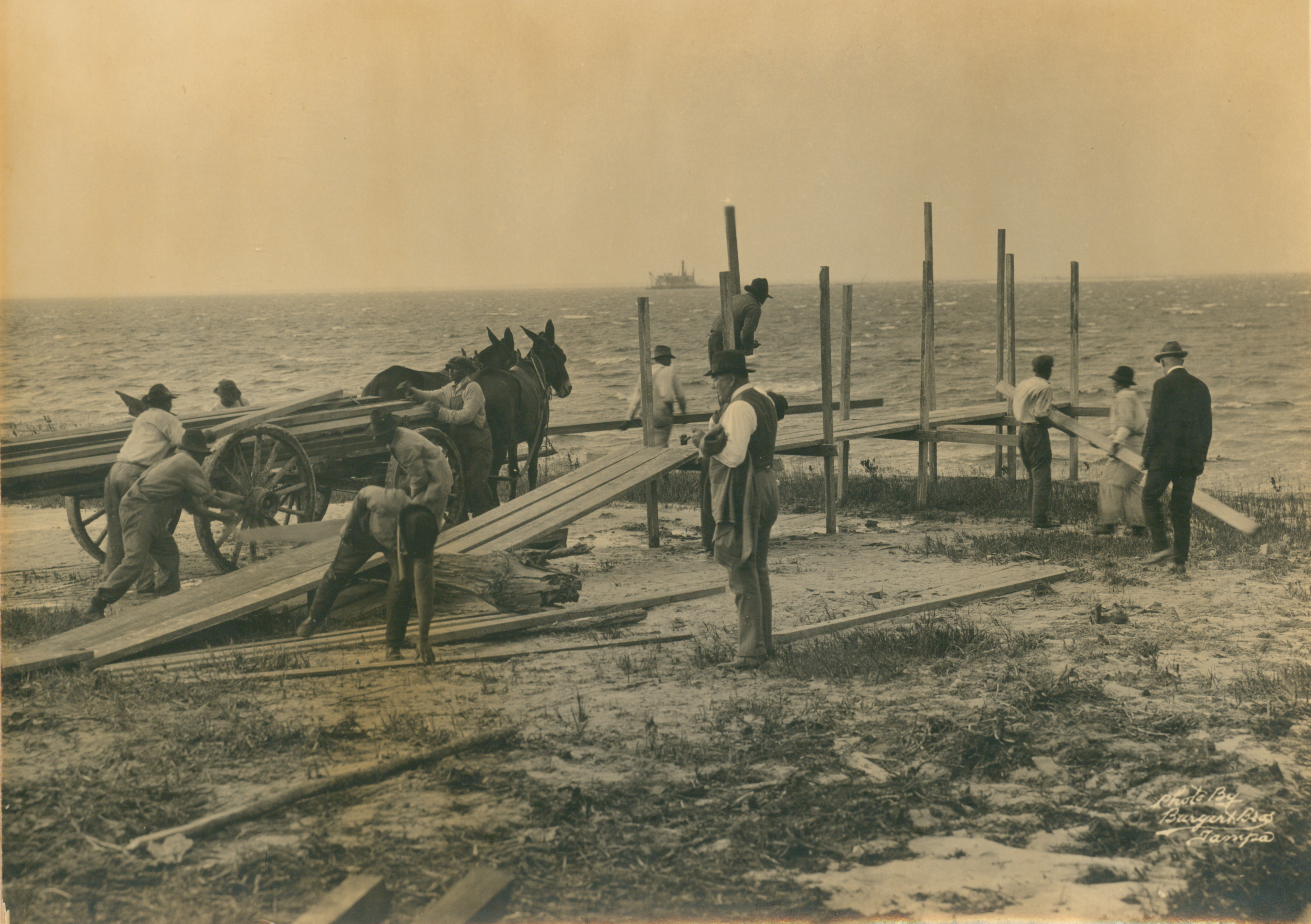 Workers build the original Gandy Bridge, which opened in 1924.