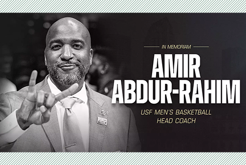 Photo of USF head men’s basketball coach Amir Abdur-Rahim with a graphic that says 