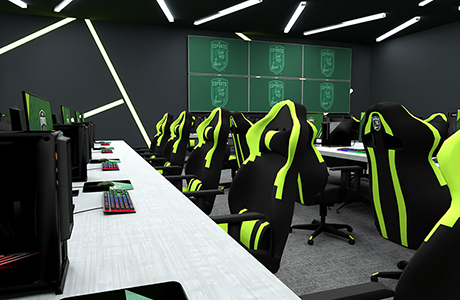 Rending of the USF Esports Living Lab showing gaming chairs and computers