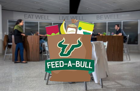 Feed-A-Bull logo in front of a photo of people eating inside MDC