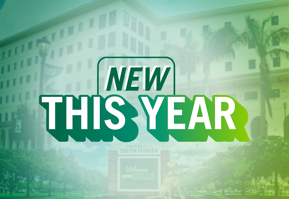 Graphic says, New This Year, with images of a building, a dog, and a sign that says, University of South Florida Welcome Bulls.