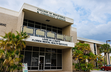 Exterior of the USF College of Behavioral and Community Sciences building.