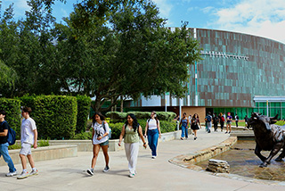 Students walk on the USF campus