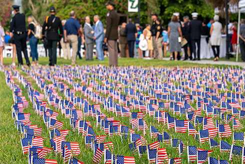 Flags line the courtyard at USF Sarasota-Manatee