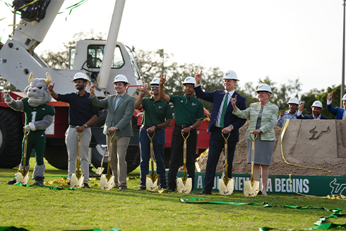 USF leadership with shovels in the ground at the site of the new stadium