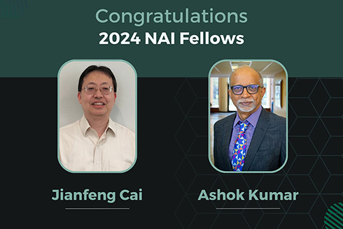 Graphic with JIanfeng Chi and Ashok Kumar congratulated for being named 2024 NAI Fellow