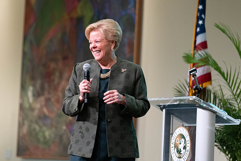 USF President Rhea Law addresses the university community.