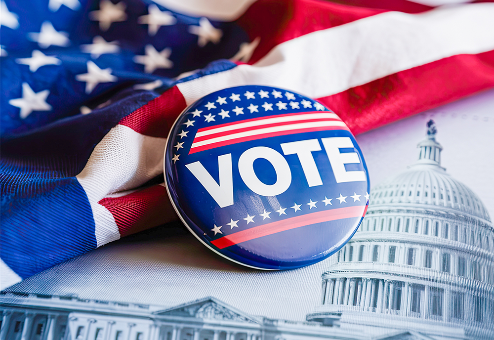 American flag next to a picture of the U.S. Capitol and a "vote" pin